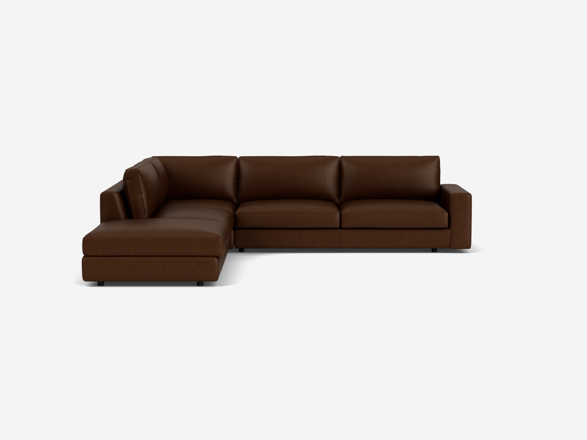 Front view of the Cello modern sectional couch in dark brown leather with left hand backless chaise